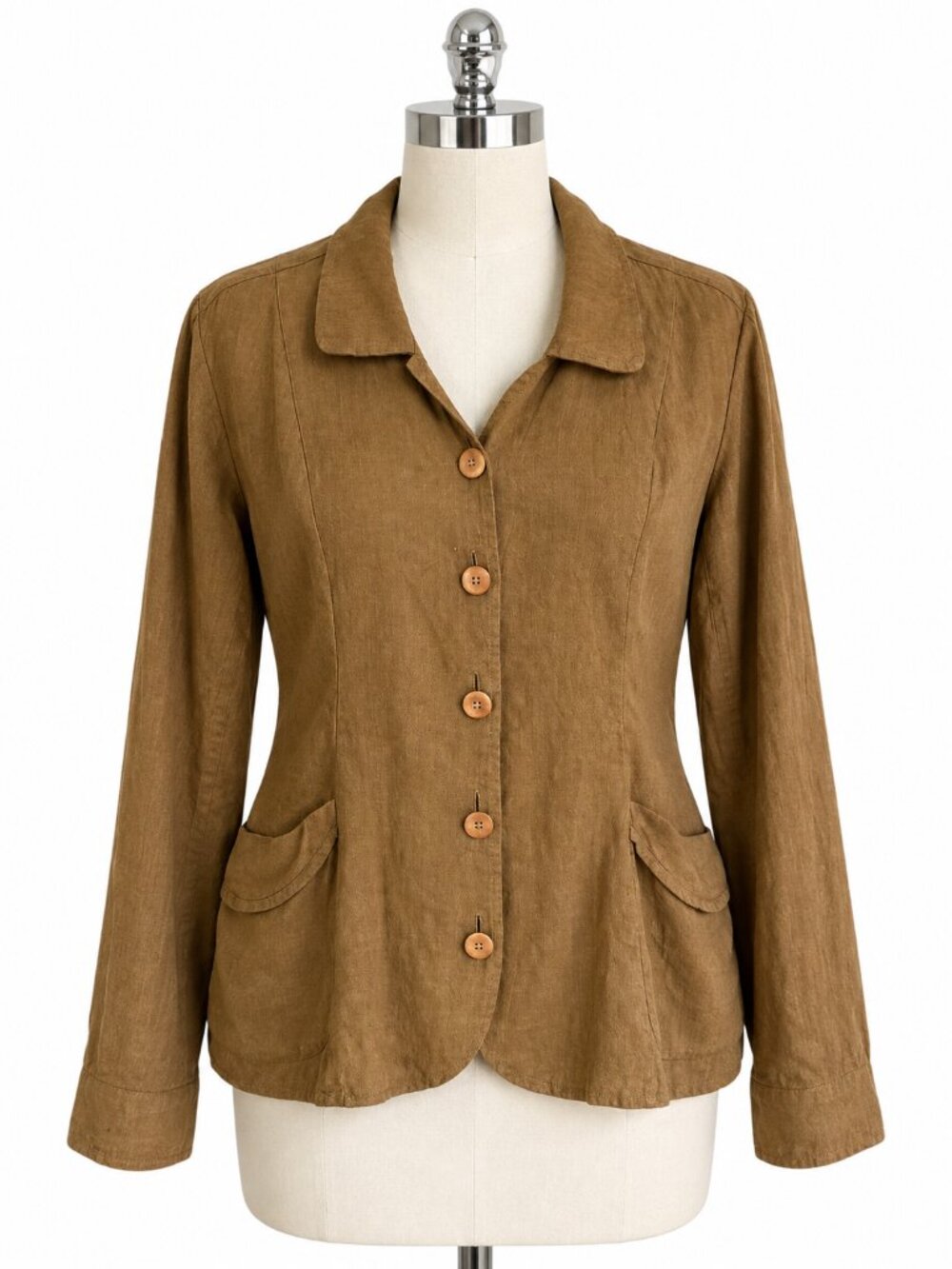 Vintage FLAX Jeanne Engelhart Linen Jacket M Brown Ochre Peplum Lagenlook